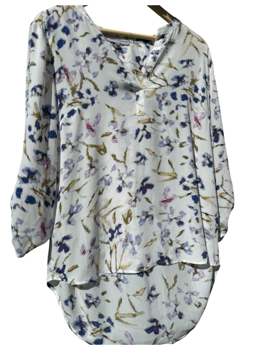 Daniel Rainn White Floral High Low Blouse Blue Pink Olive Convertible Sleeves L
